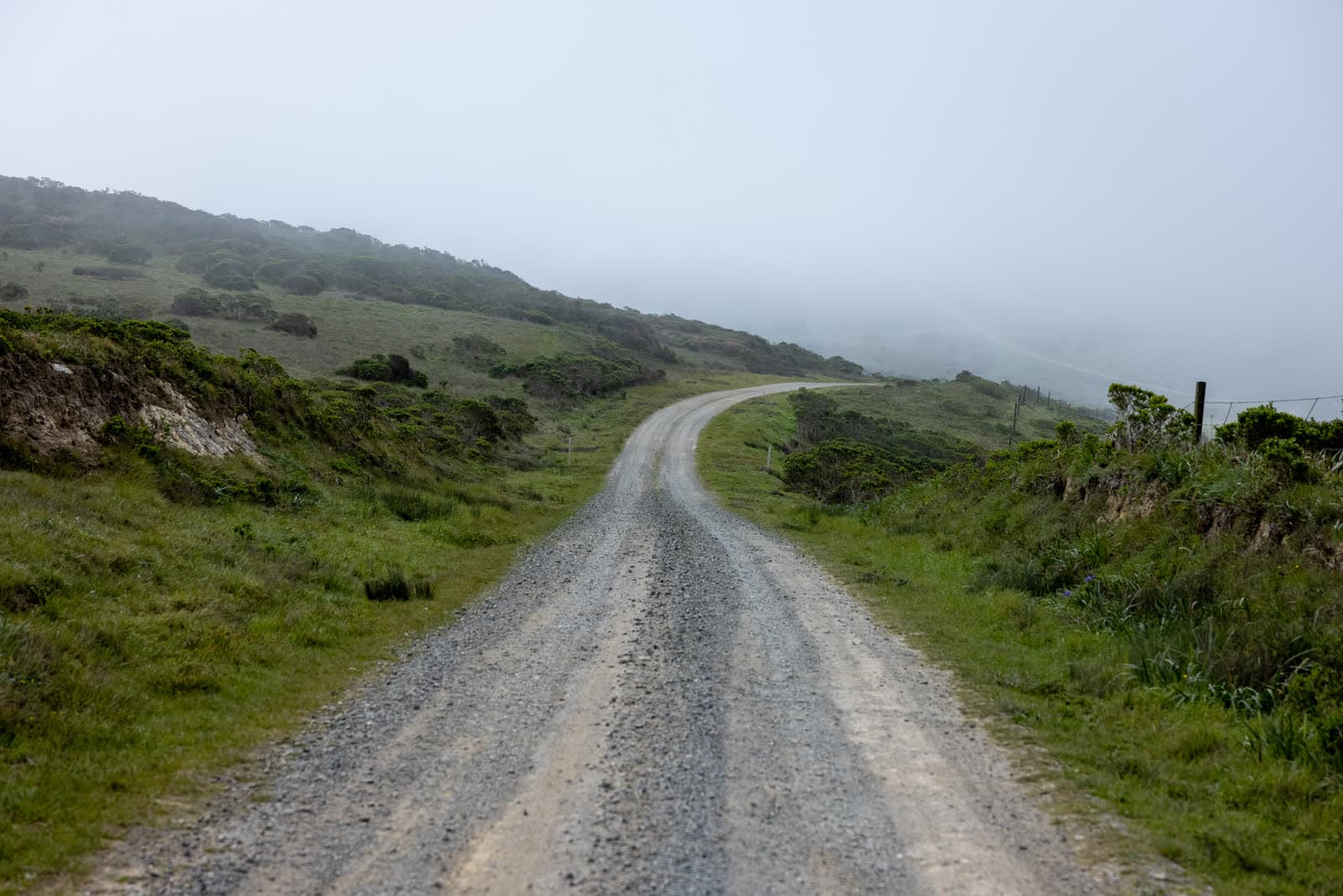 Schotterweg, der sich zwischen grünen Hügeln in den Nebel windet