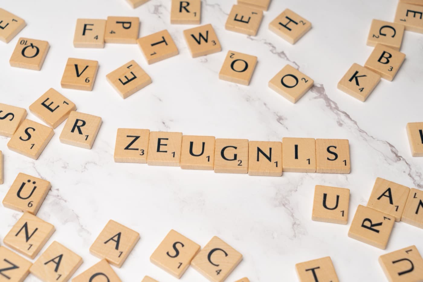 Buchstabensteine, die das Wort Zeugnis bilden